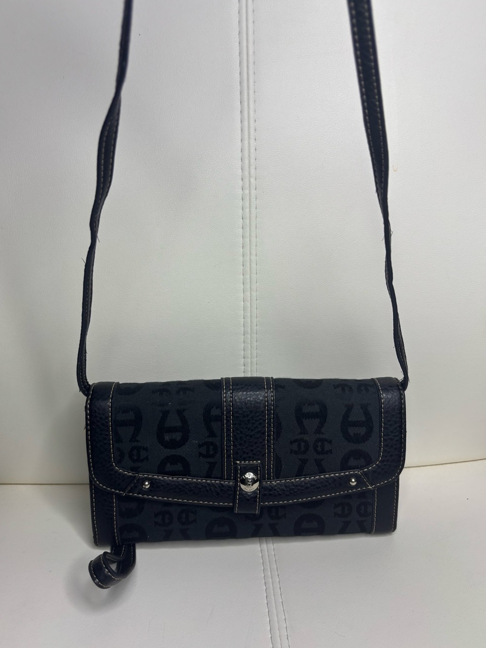 Etienne Aigner monogram canvas and pebbled leather crossbody wallet purse